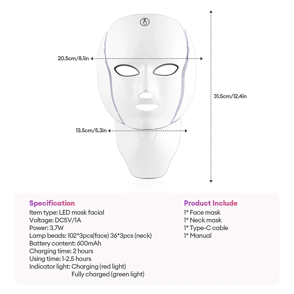 Face Neck Beauty Mask 7 Colors Light LED Mask Photon Red Light Facial Skin Care Repair Skin Anti Aging Wrinkle Skin Tightening