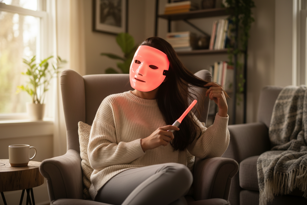 and somneone usiong a hair wond with the mask