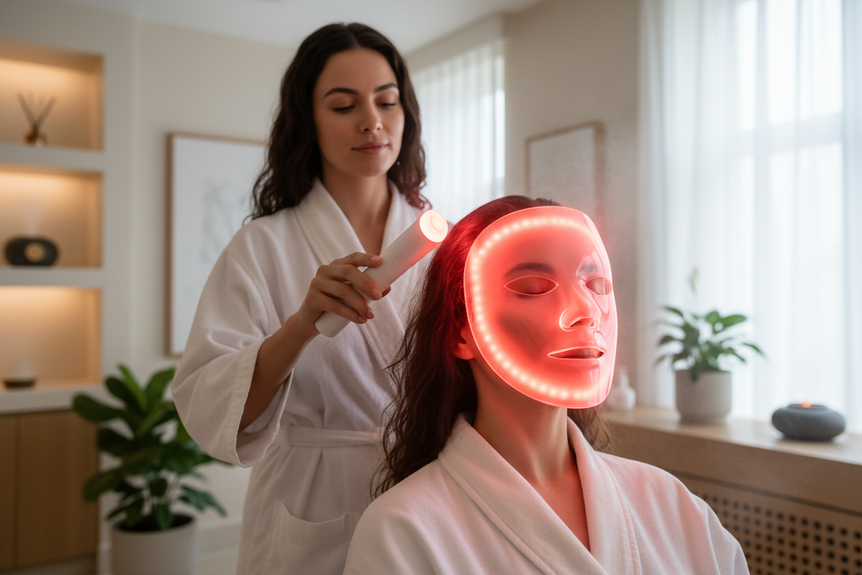 real female using a face read light face mask and another women using a hair red light wond